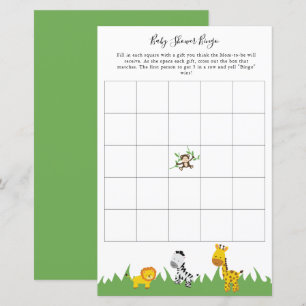 Safari Baby Shower Bingo Party Game Cute Animals