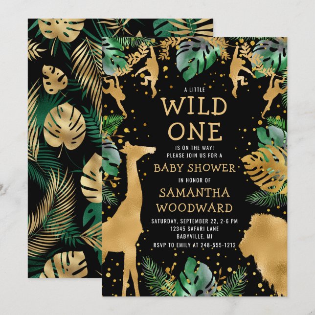 Safari Baby Shower Black Gold Invitation (Front/Back)