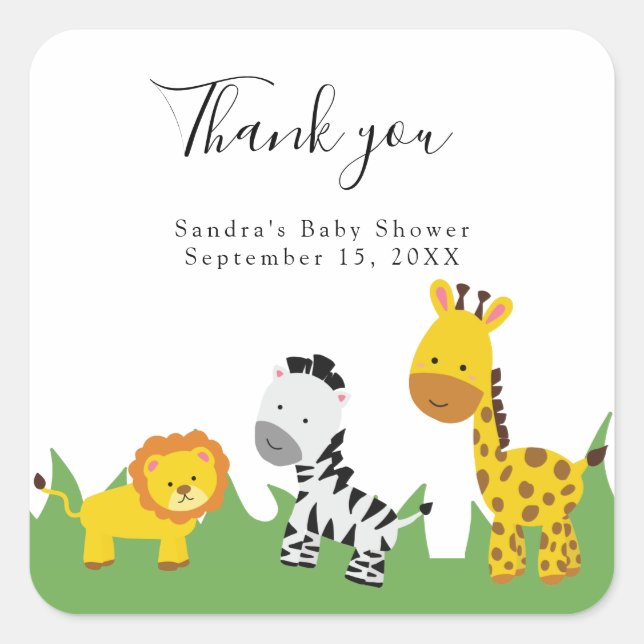 Safari Baby Shower Cute Jungle Animals Neutral Squ Square Sticker (Front)