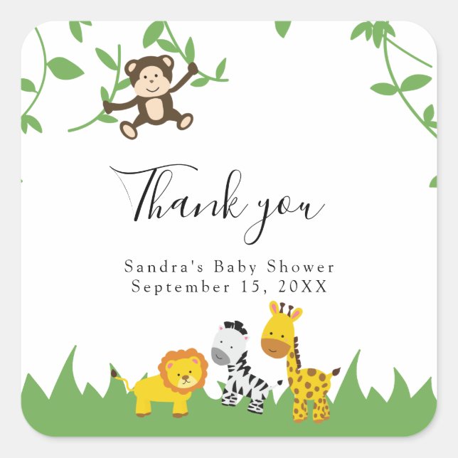 Safari Baby Shower Cute Jungle Animals Neutral Square Sticker (Front)