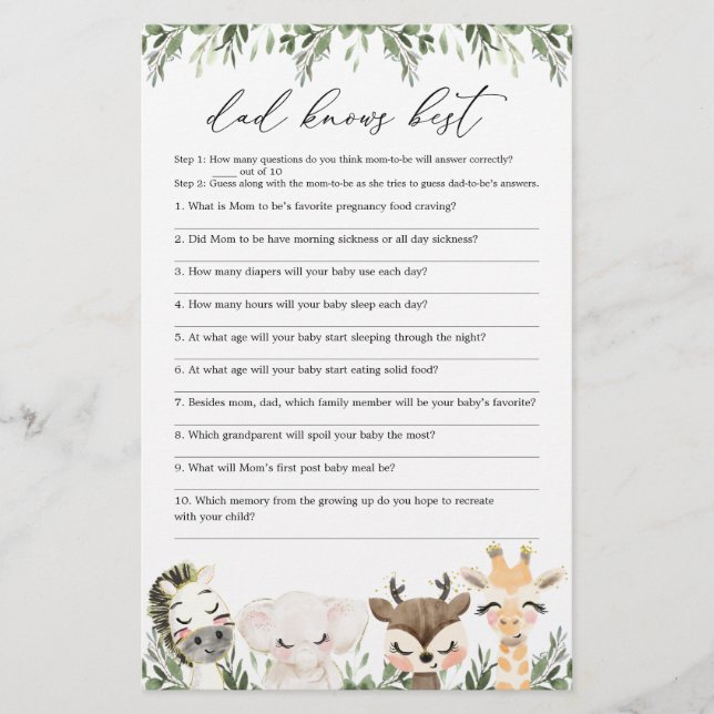 Safari Baby Shower Dad Knows Best Game (Front)
