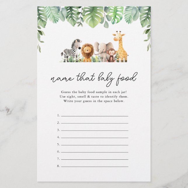 Safari Baby Shower Game - Name That Baby Food Flyer (Front)