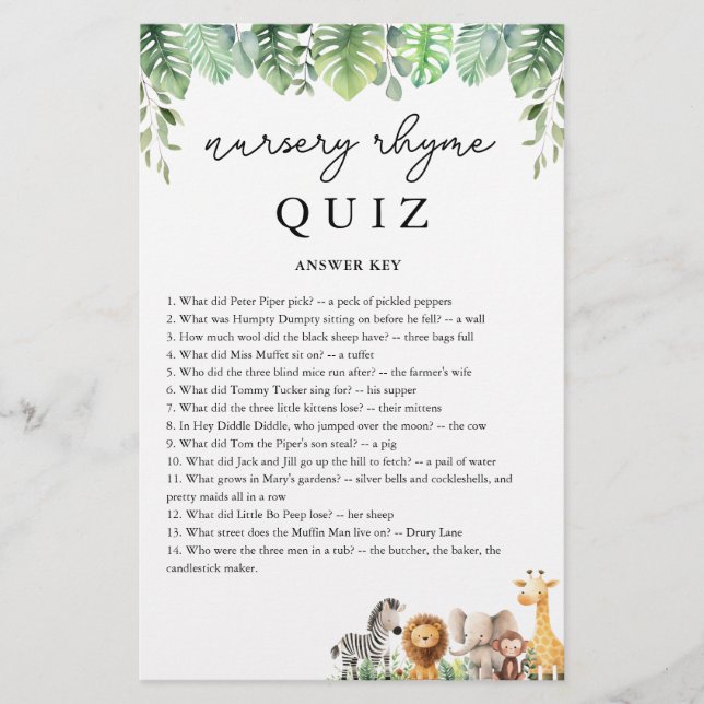 Safari Baby Shower Game Nursery Rhyme Quiz Answers Flyer (Front)