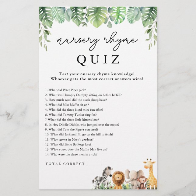 Safari Baby Shower Game Nursery Rhyme Quiz Flyer (Front)