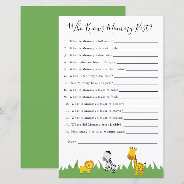 Safari Baby Shower Game Who Knows Mummy Best (Front/Back)