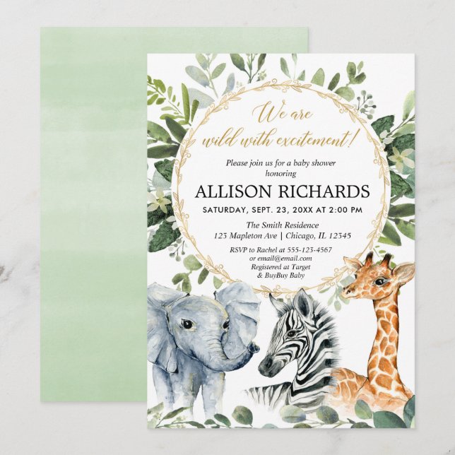 Safari baby shower, gender neutral jungle animals invitation (Front/Back)