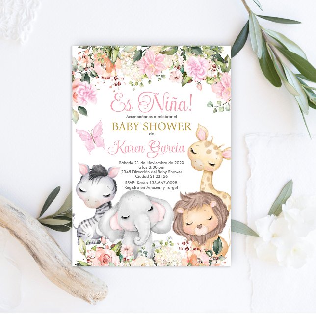 Safari Baby Shower Girl Spanish Invitation (Creator Uploaded)