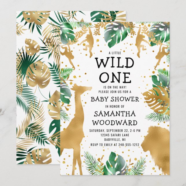 Safari Baby Shower Gold Green Invitation (Front/Back)