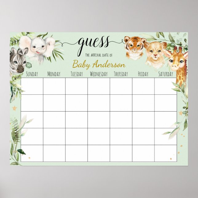 Safari Baby Shower Guess Due Date Calendar Poster (Front)