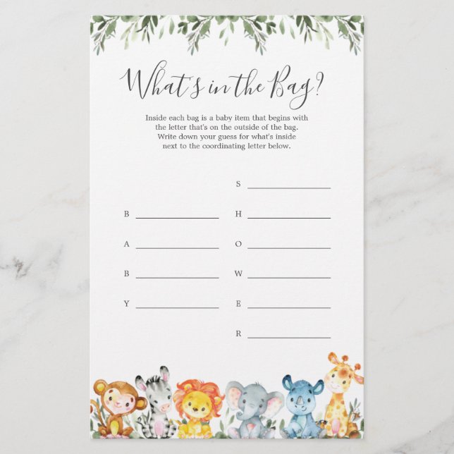 Safari Baby Shower Guess What's in the Bag Game (Front)