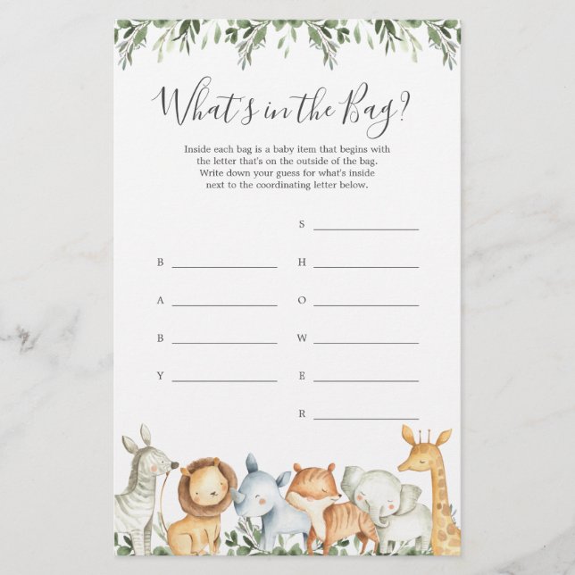 Safari Baby Shower Guess What's in the Bag Game (Front)