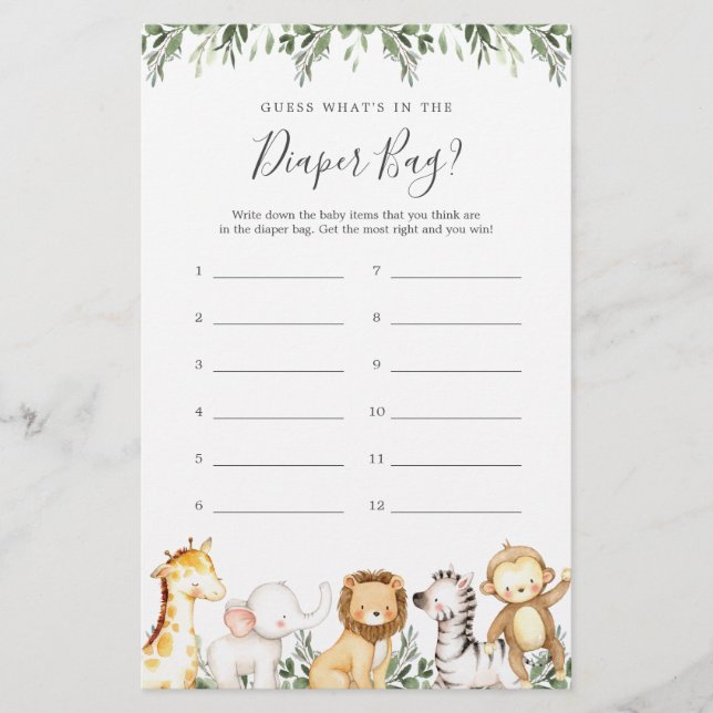 Safari Baby Shower Guess What's in the Diaper Bag (Front)