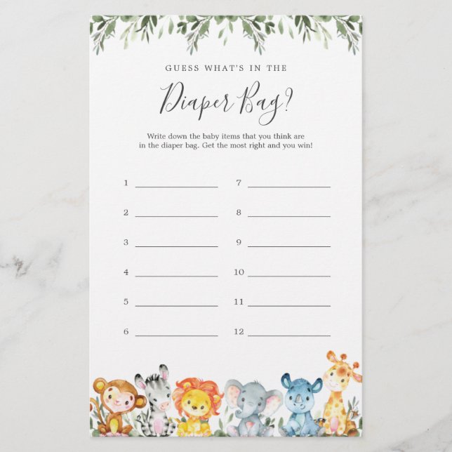 Safari Baby Shower Guess What's in the Diaper Bag (Front)