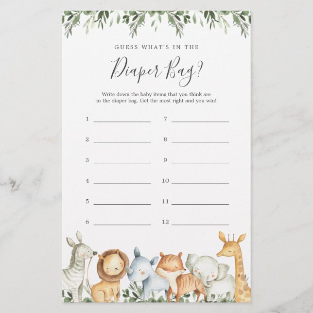 Safari Baby Shower Guess What's in the Diaper Bag (Front)