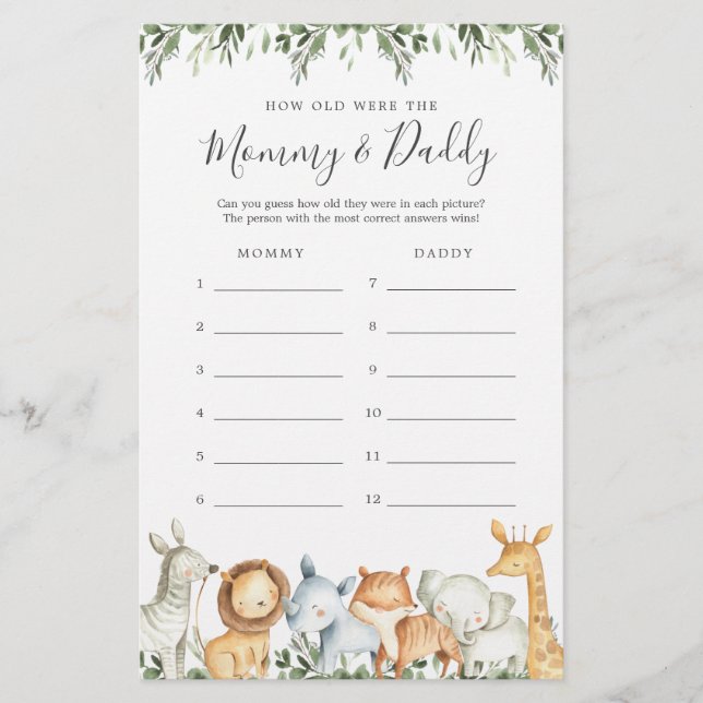 Safari Baby Shower How Old Were They Game Card (Front)