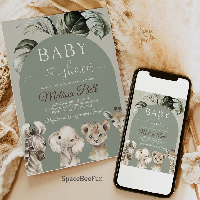 Safari Baby shower Invitation (Safari Baby Shower Invitation, Jungle Theme Baby Shower Invite, Boho Sage Baby Shower Invitation, Yo)