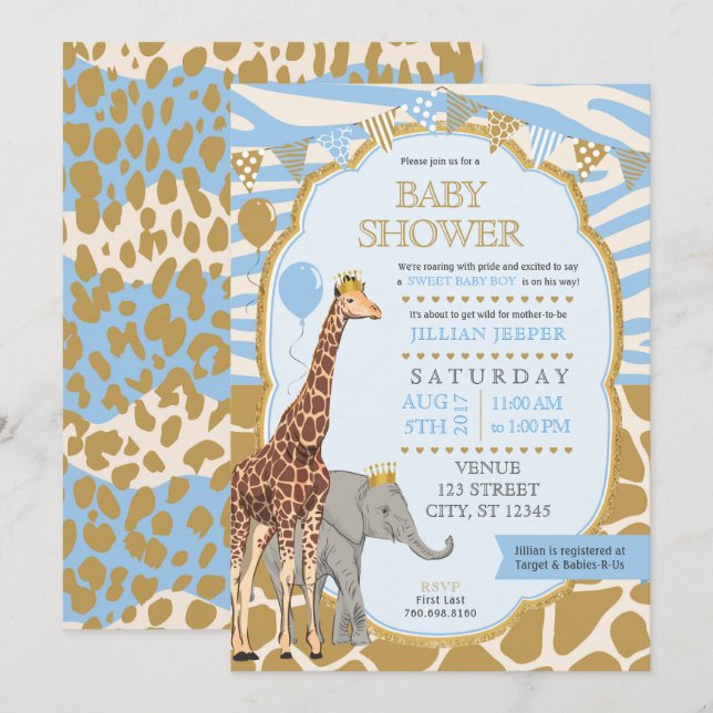 Safari Baby Shower Invitation - Blue Boy (Front/Back)