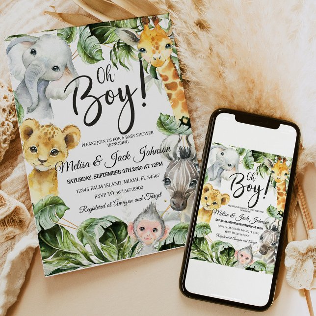 Safari Baby shower Invitation Boy, Jungl Wild baby (Safari Baby Shower Baby Boy Shower invitation with jungle animals like lions, giraffes, and elephant)