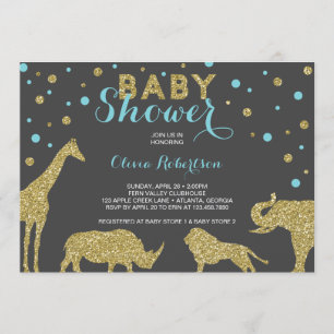 Safari Baby Shower Invitation, Faux Gold, Aqua Invitation