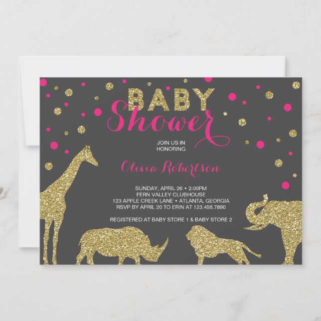 Safari Baby Shower Invitation, Faux Gold, Pink Invitation (Front)