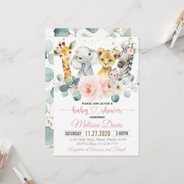 Safari Baby shower Invitation Girl, Young Wild  (Front/Back In Situ)