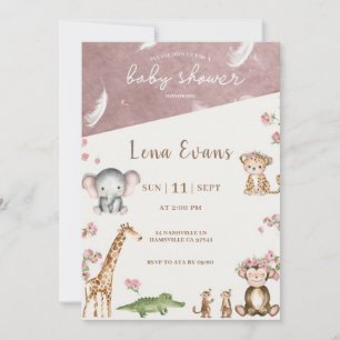 Safari Baby Shower Invitation Pink Watercolor Ju