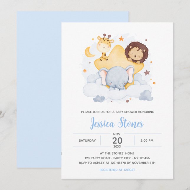 Safari Baby Shower Invitations on Star Moon Sky (Front/Back)