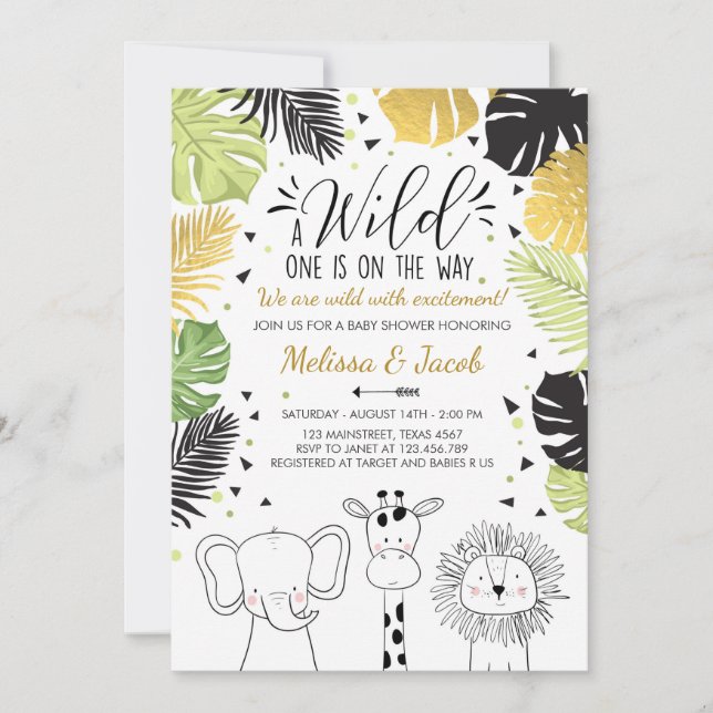 Safari Baby shower invite Zoo Wild Jungle animals (Front)