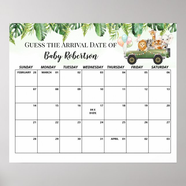 Safari Baby Shower Jungle Guess Due Date Calendar Poster (Front)