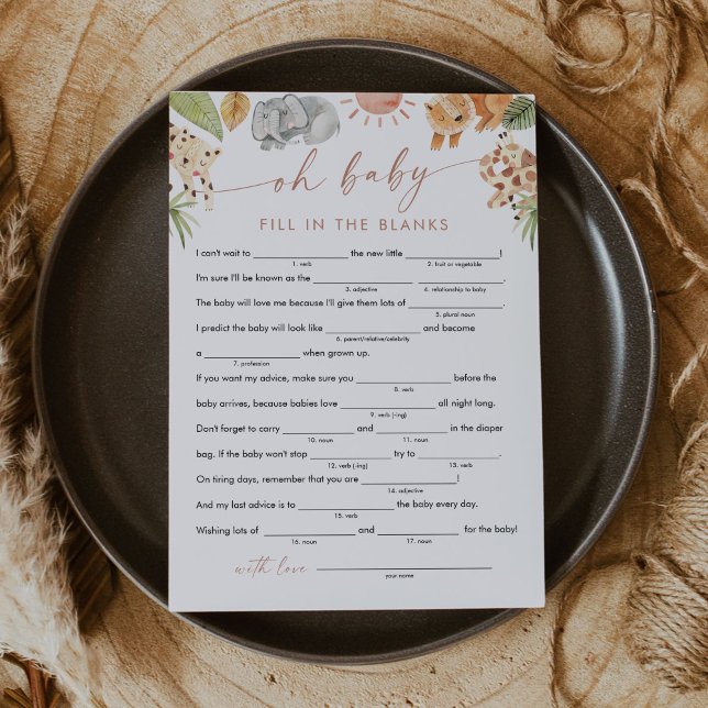 SAFARI Baby Shower Libs, Fill in the Blank Game Invitation (Creator Uploaded)