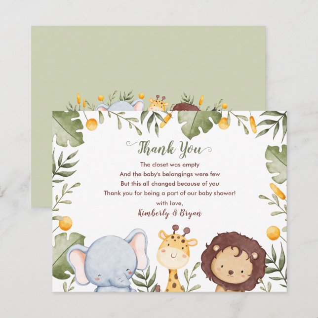 Safari Baby Shower Thank You Cards Jungle Animals (Front/Back)