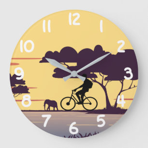 Safari Bike Ride at Sunset – Cyclist and Elephant  Large Clock
