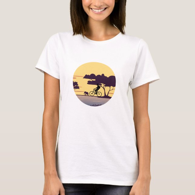 Safari Bike Ride at Sunset – Cyclist and Elephant  T-Shirt (Front)