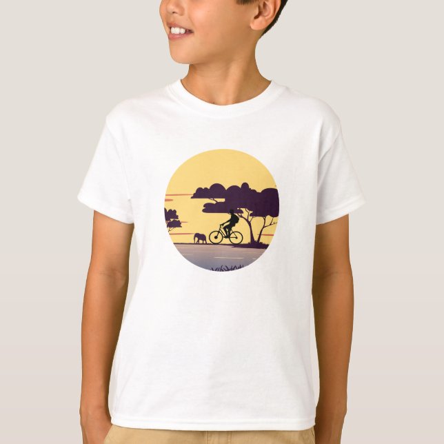 Safari Bike Ride at Sunset – Cyclist and Elephant  T-Shirt (Front)