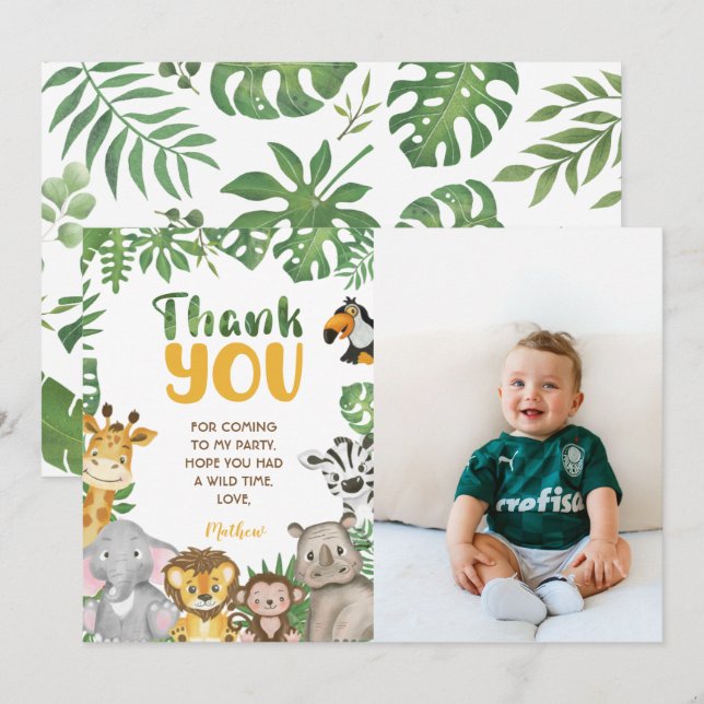 Safari Birthday Animals Jungle Wild one and Two Thank You Card (Front/Back)