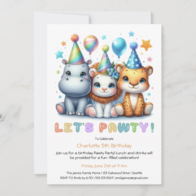 Safari Birthday – Glitter Blue Hippo, Tiger, Lion Invitation (Front)
