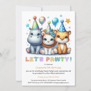 Safari Birthday – Glitter Blue Hippo, Tiger, Lion Invitation