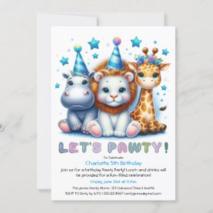 Safari Birthday Glitter Blue Rhino, Lion, Giraffe Invitation