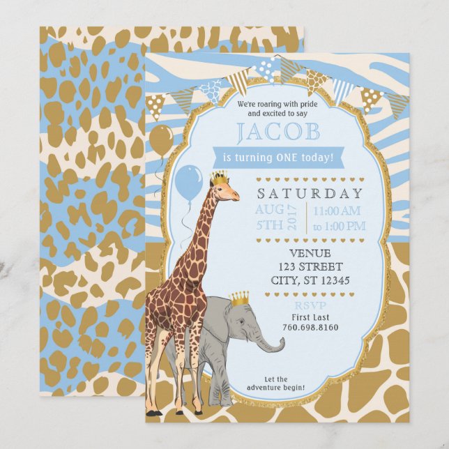 Safari Birthday Invitation - Blue (Front/Back)