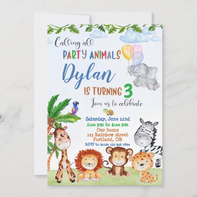 Safari birthday invitation Jungle boys animals 1st (Front)