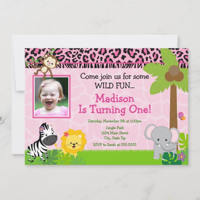 Safari Birthday Invitation Jungle Safari Girl Pink (Front)
