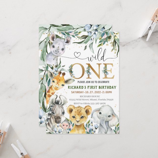Safari Birthday Invitation, Wild One BOY Party 1st Invitation (Front/Back In Situ)
