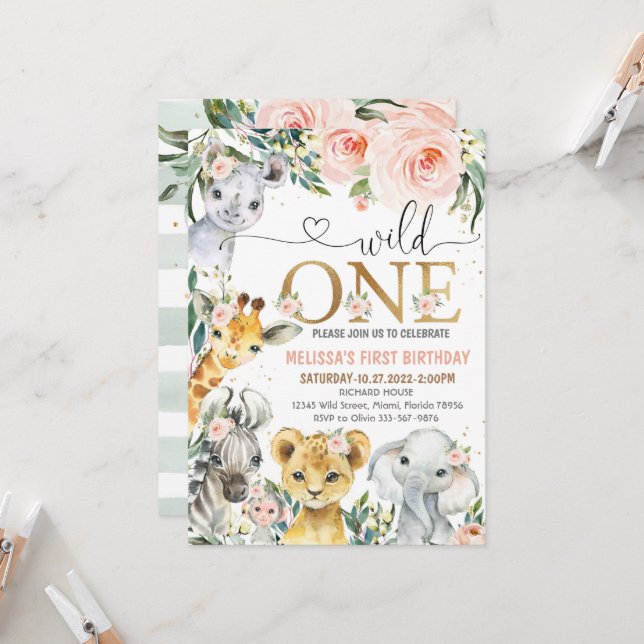 Safari Birthday Invitation, Wild One Girl Party 1s Invitation (Front/Back In Situ)