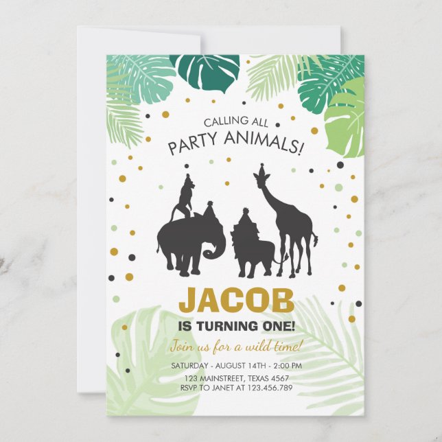 Safari Birthday Invitation Zoo Wild Jungle animals (Front)