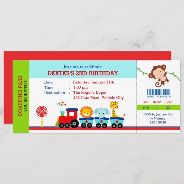 Safari Birthday Invitations (Animal Train Boys) (Front/Back)