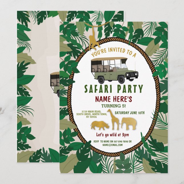 Safari Birthday Party Animals Wild Truck Jungle Invitation (Front/Back)
