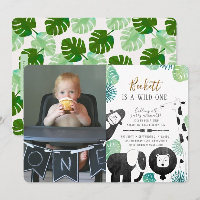 Safari Black and Green Photo Birthday Invite (Front/Back)