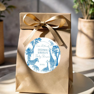 Safari blue toile giraffe baby shower classic round sticker
