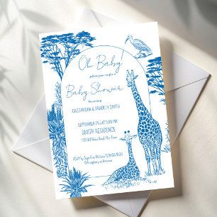 Safari blue toile giraffe baby shower invitation
