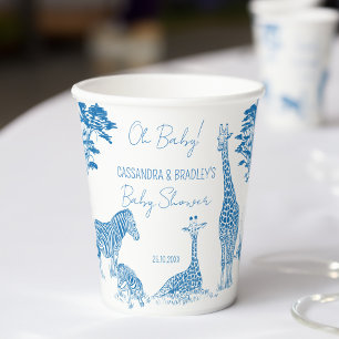 Safari blue toile giraffe baby shower monogrammed paper cups
